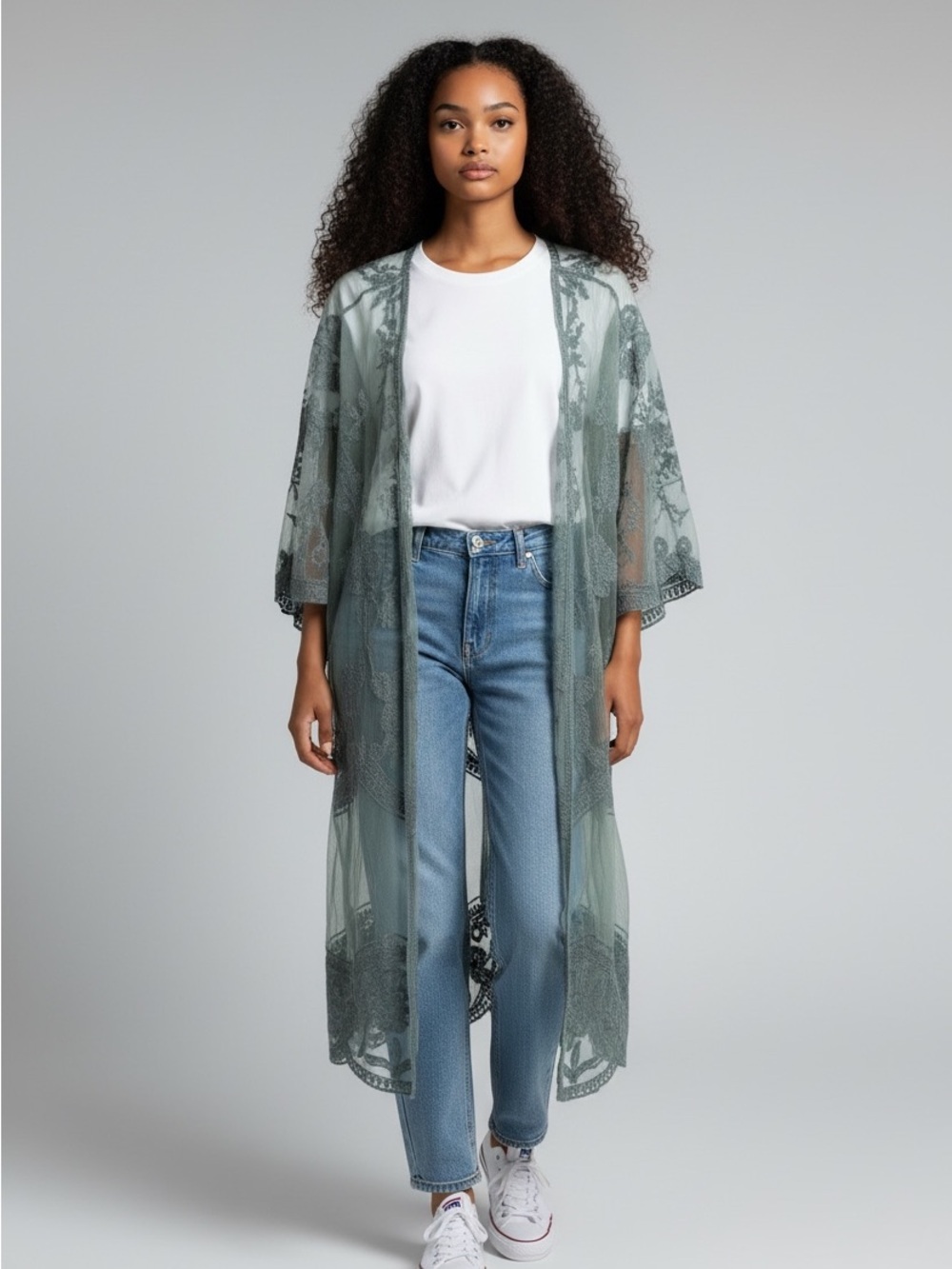 Kismet Sheer Embroidered Sage Green Duster Beach Cover Up